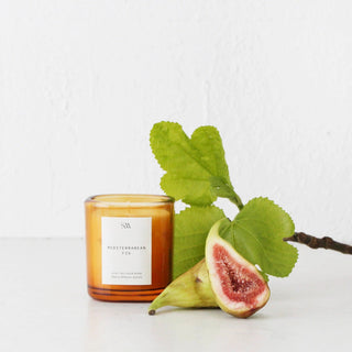 Mediterranean Fig scented candle juxtaposed near a sliced-open fig and herb