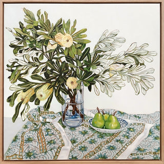 Banksias and Pear on Tablecloth