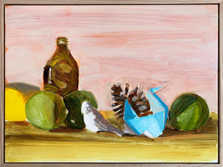 Lemon, Limes, Bottle, Ceramic Bird, Pinecone, Origami Swan