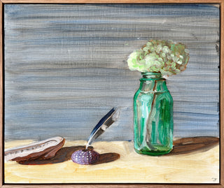 Abalone shell, sea urchine shell, feather, bottle, hydrangea flower