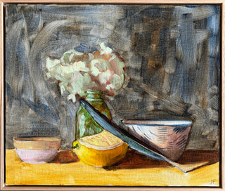 Wooden bowl, bottle, Hydrangea, lemon, feather, Japanese bowl