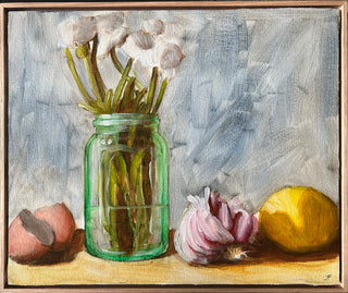 Egg shells, jar, ranunculus, garlic, lemon