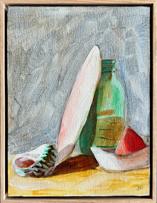 Seashell, cuttlefish, bottle, origami boat