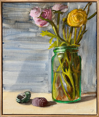 Seashell, sea urchin, jar, ranunculus