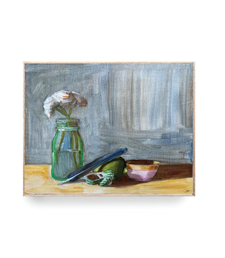 Bottle, feather, seashell, lime, wooden bowl