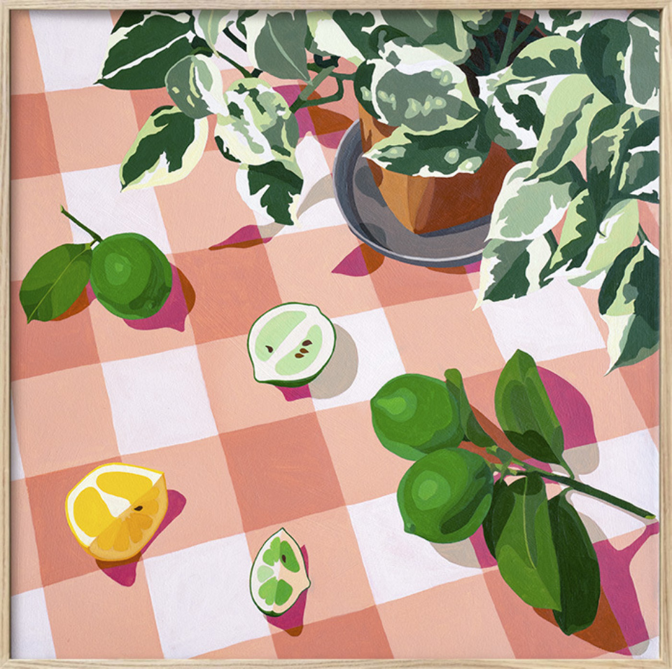 Yani Lenehan Citrus and Leaves on Soft Gingham limited Edition Print Framed