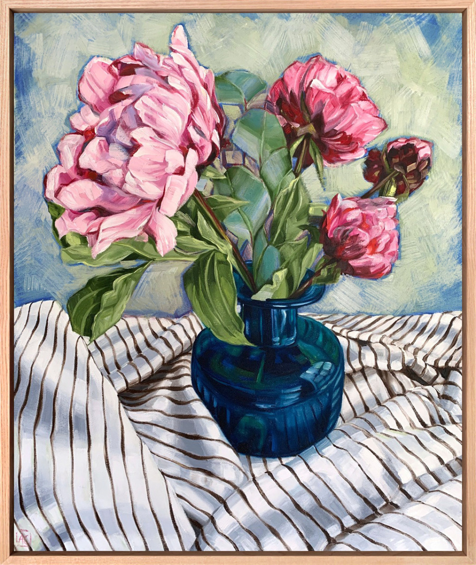 Alicia Cornwell Peonies On French Ticking Framed